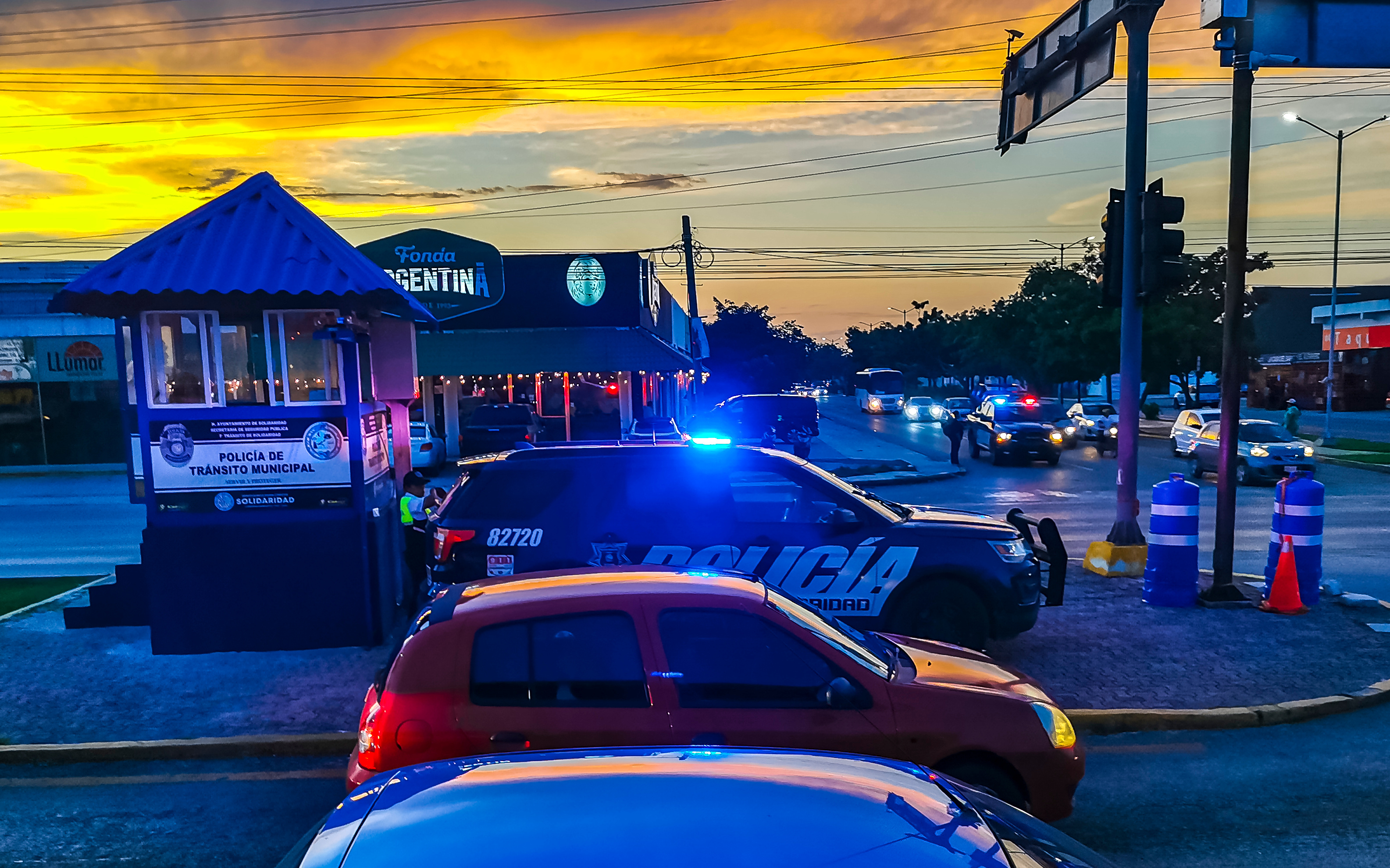 Mexican police at night blue lights Playa del Carmen Mexico.